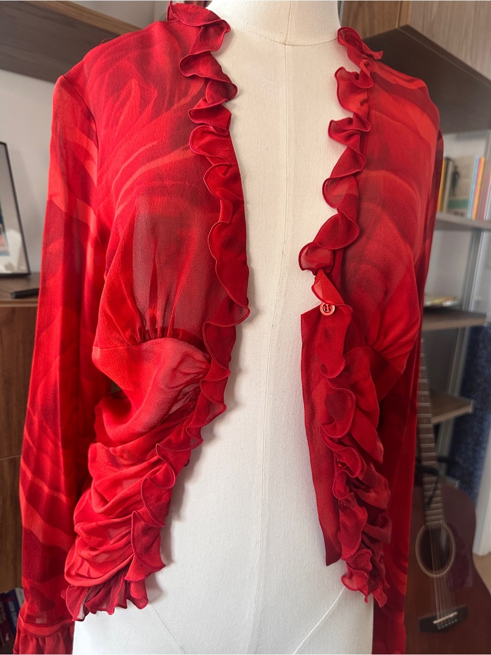 Escada Silk Sheer Ruched Ruffle Blouse Red Y2K Top XS/S - Picture 9 of 10